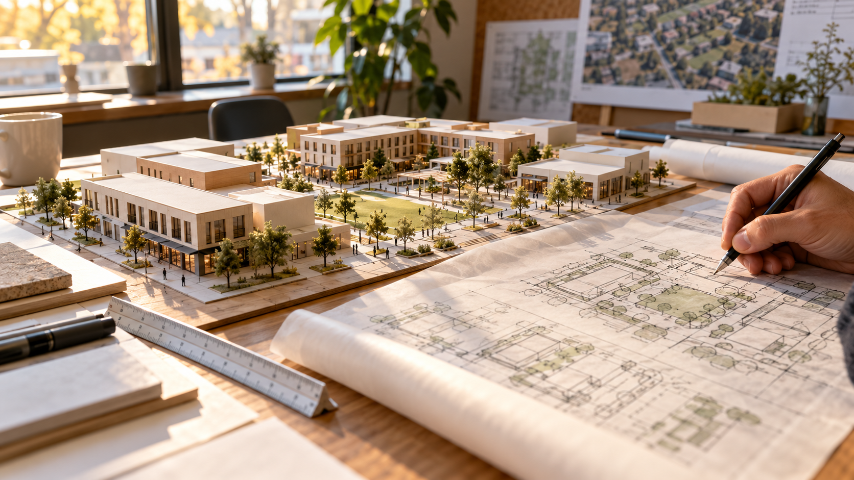 Conceptual urban planning model with low-rise buildings, pedestrian paths, and a central green space beside hand-drawn layouts on a sunlit desk.