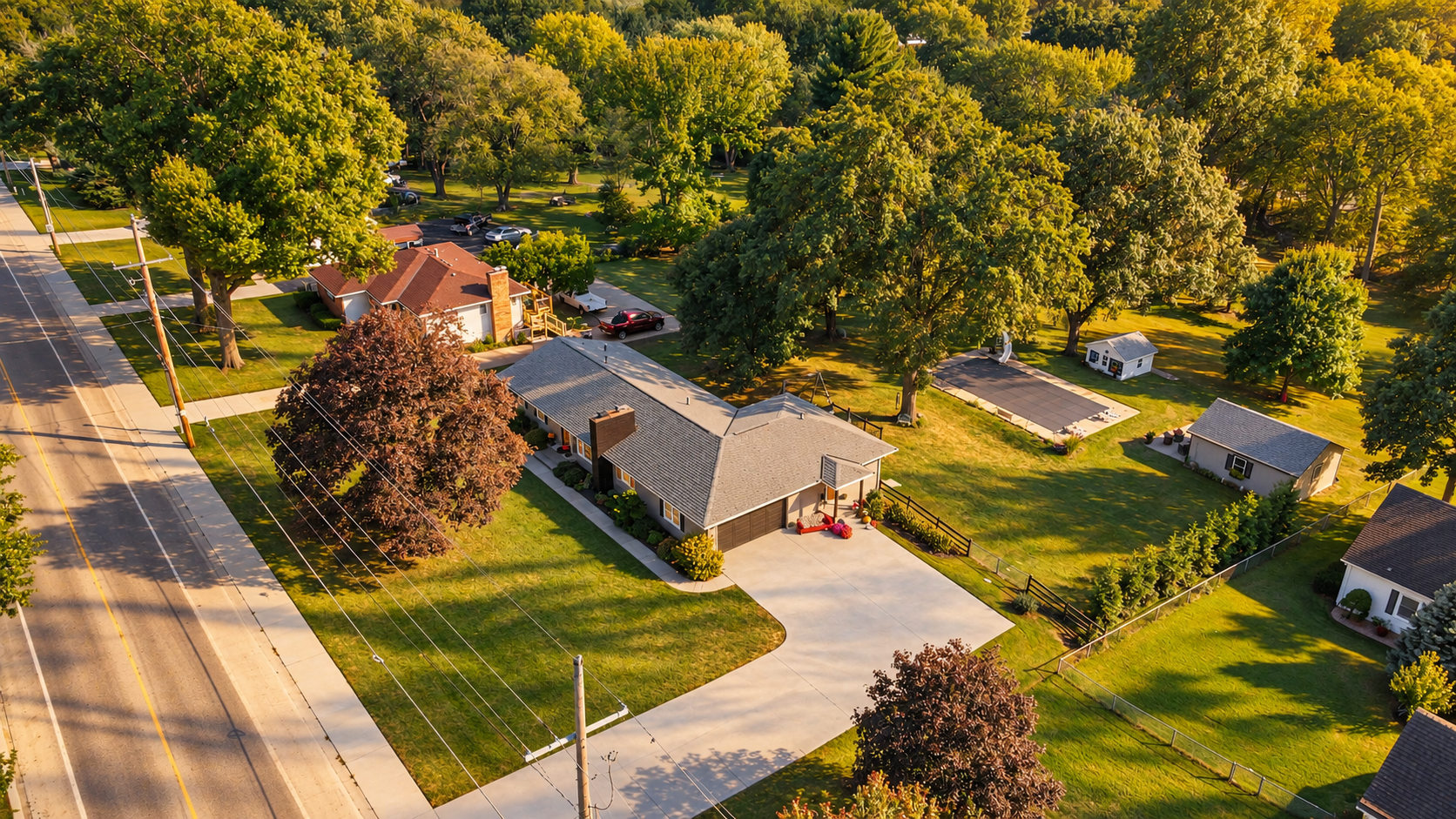  Aerial view of a Merriam, KS ranch home with a covered pool, detached workshop, and mature trees in warm afternoon light.