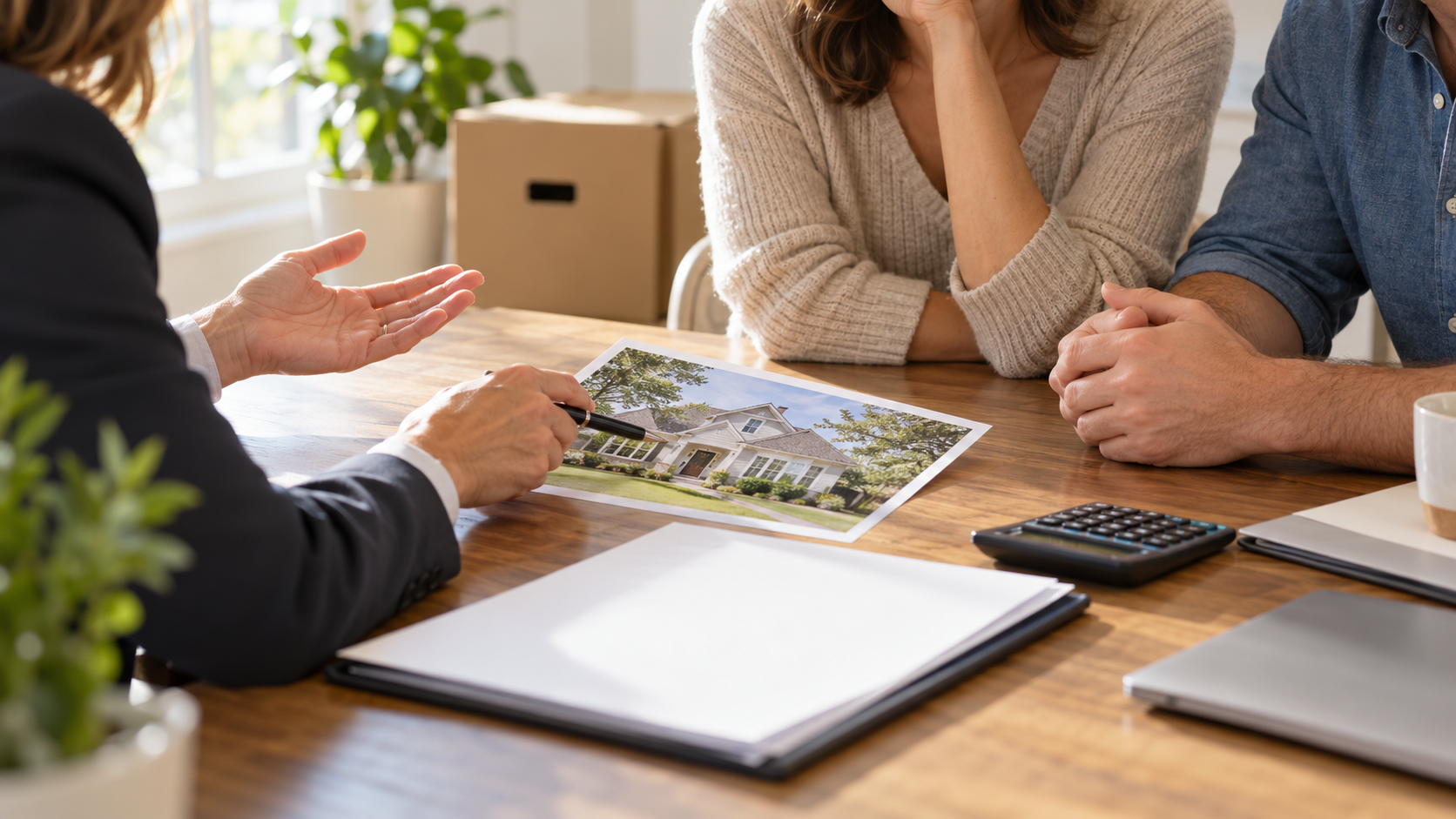 Real estate advisor reviewing a home photo and sale planning documents with two homeowners at a sunlit kitchen table.