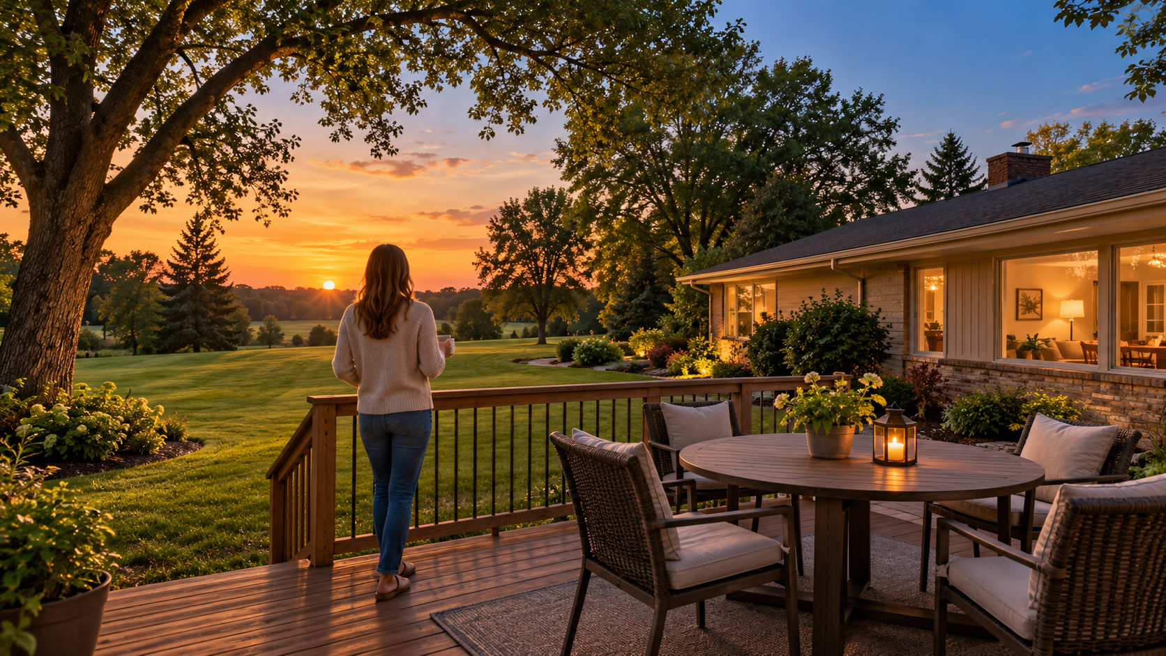 Person on a wooden deck overlooking a tree-lined lawn at sunset, beside a ranch home with glowing windows and outdoor dining furniture.
