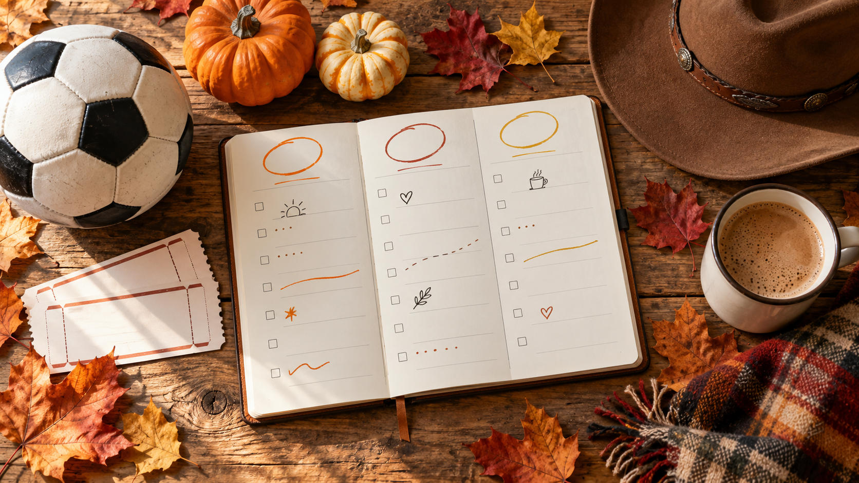  Fall weekend planner with pumpkins, a soccer ball, event tickets, a cowboy hat, and autumn leaves on a rustic wooden table.