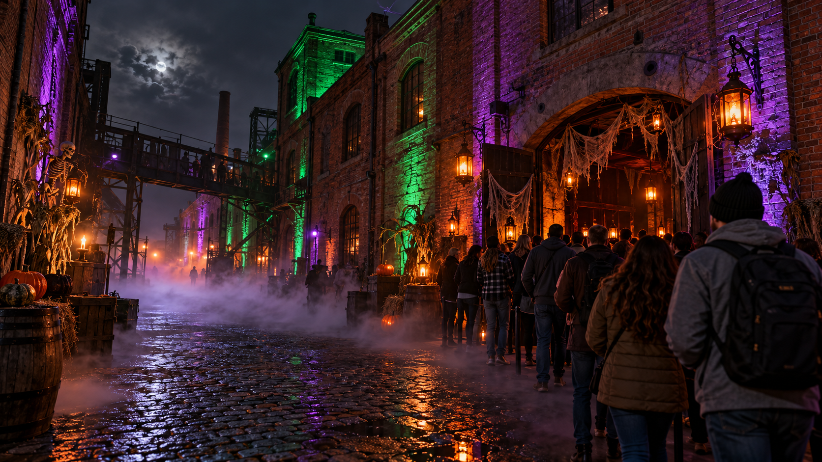 Visitors queue outside a Halloween warehouse attraction with green and purple lighting, orange lanterns, and fog over cobblestones.