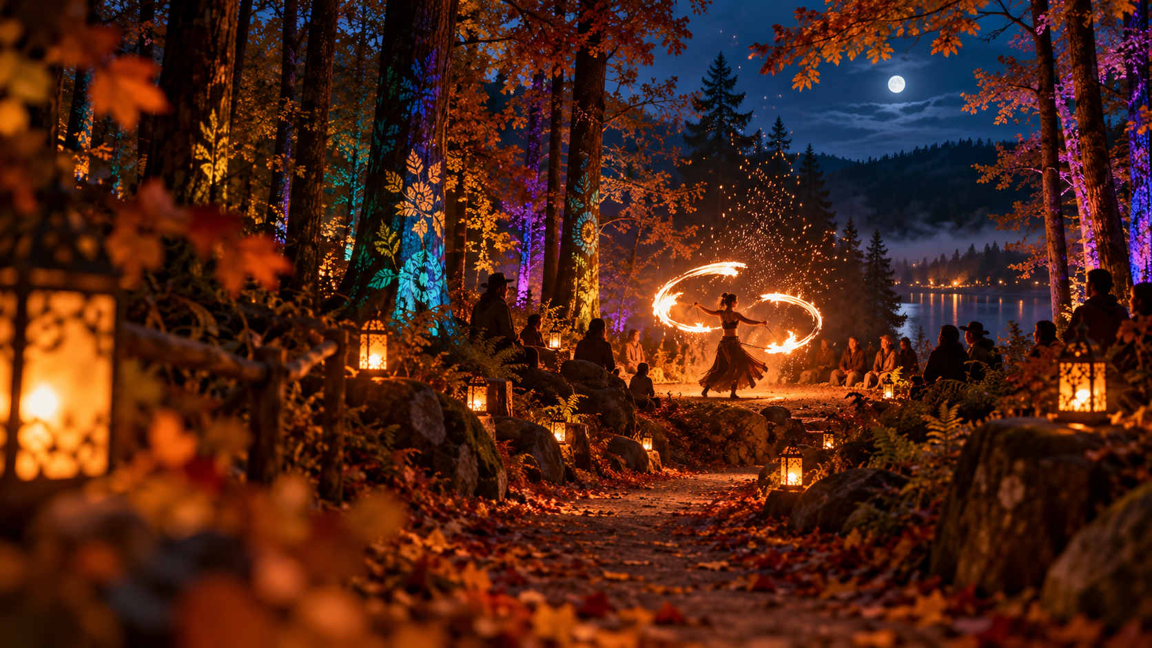 Fire performer on a lantern-lit woodland trail surrounded by autumn foliage, colorful tree projections, and a moonlit lake.