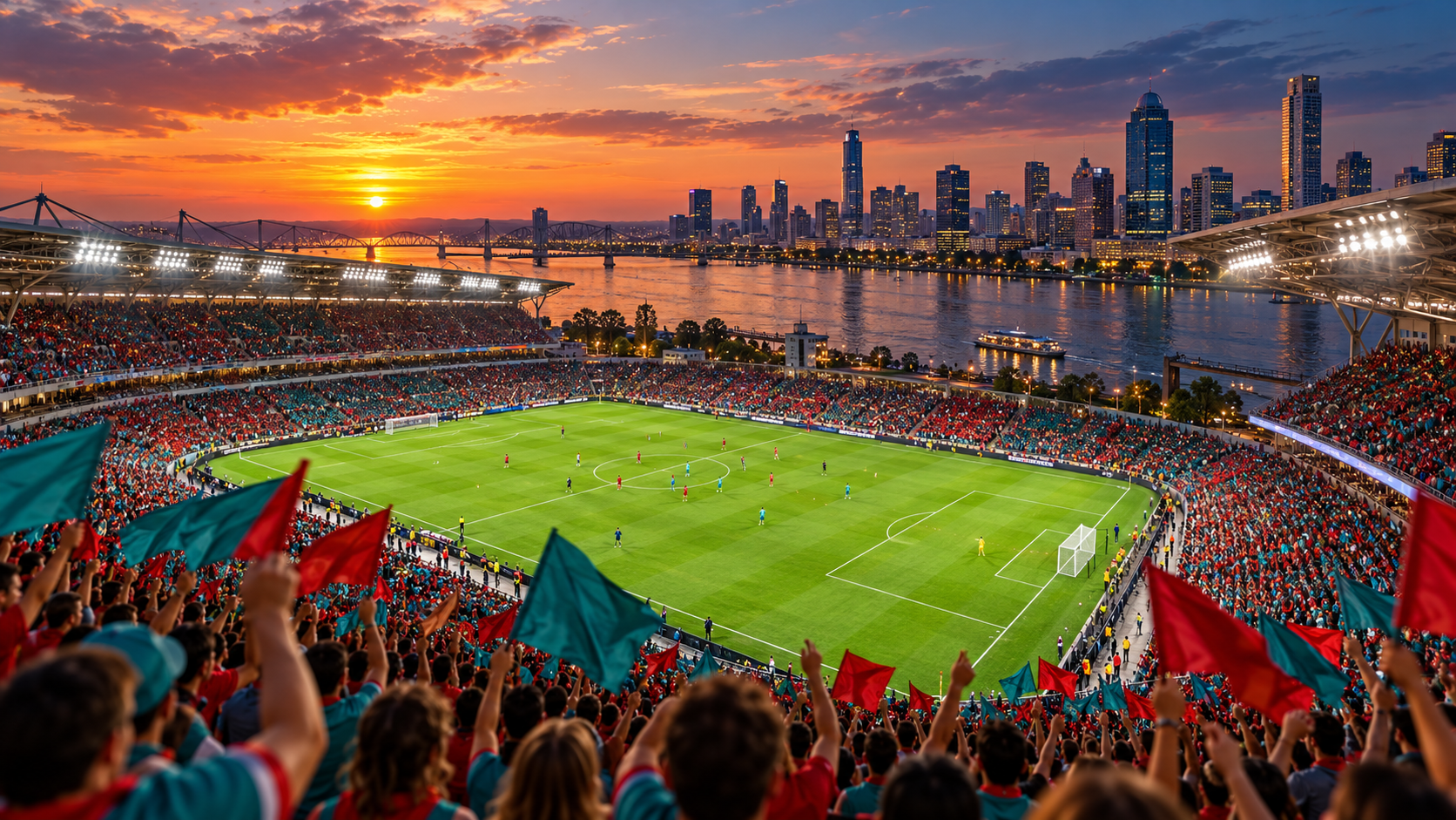 Fans wave teal and red flags at a riverfront soccer stadium at sunset, with a brightly lit field and city skyline beyond.
