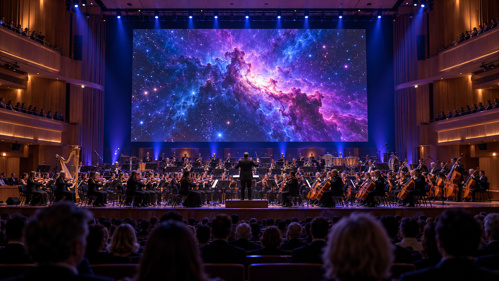 Orchestra performs beneath a glowing nebula and starfield screen in a wood-paneled concert hall with blue and violet lighting.