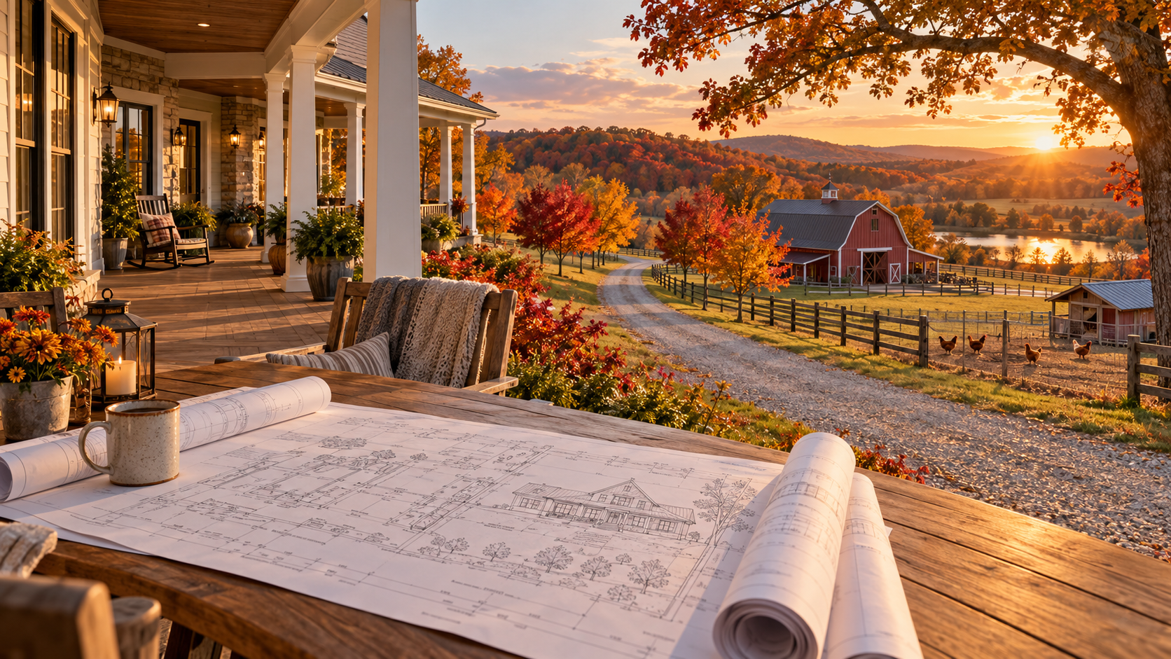 Architectural blueprints on a farmhouse porch overlooking autumn Missouri countryside, a red barn, chickens, and a tree-lined gravel driveway.