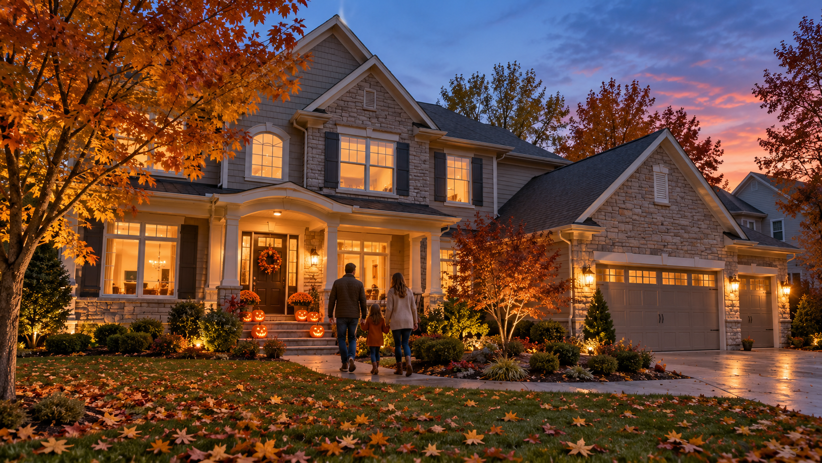 Family approaches a two-story Kansas City home at dusk, with glowing jack-o’-lanterns, warm porch lights, and colorful autumn trees.