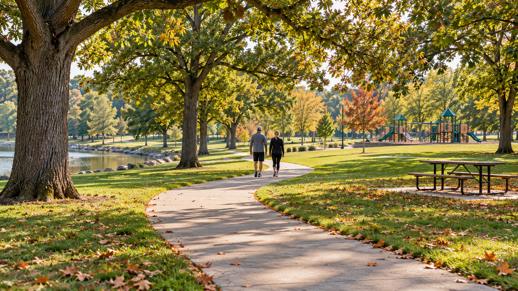 Illustrative Gladstone, MO, park scene with adults walking beneath autumn oak trees near a pond, picnic table, and playground.