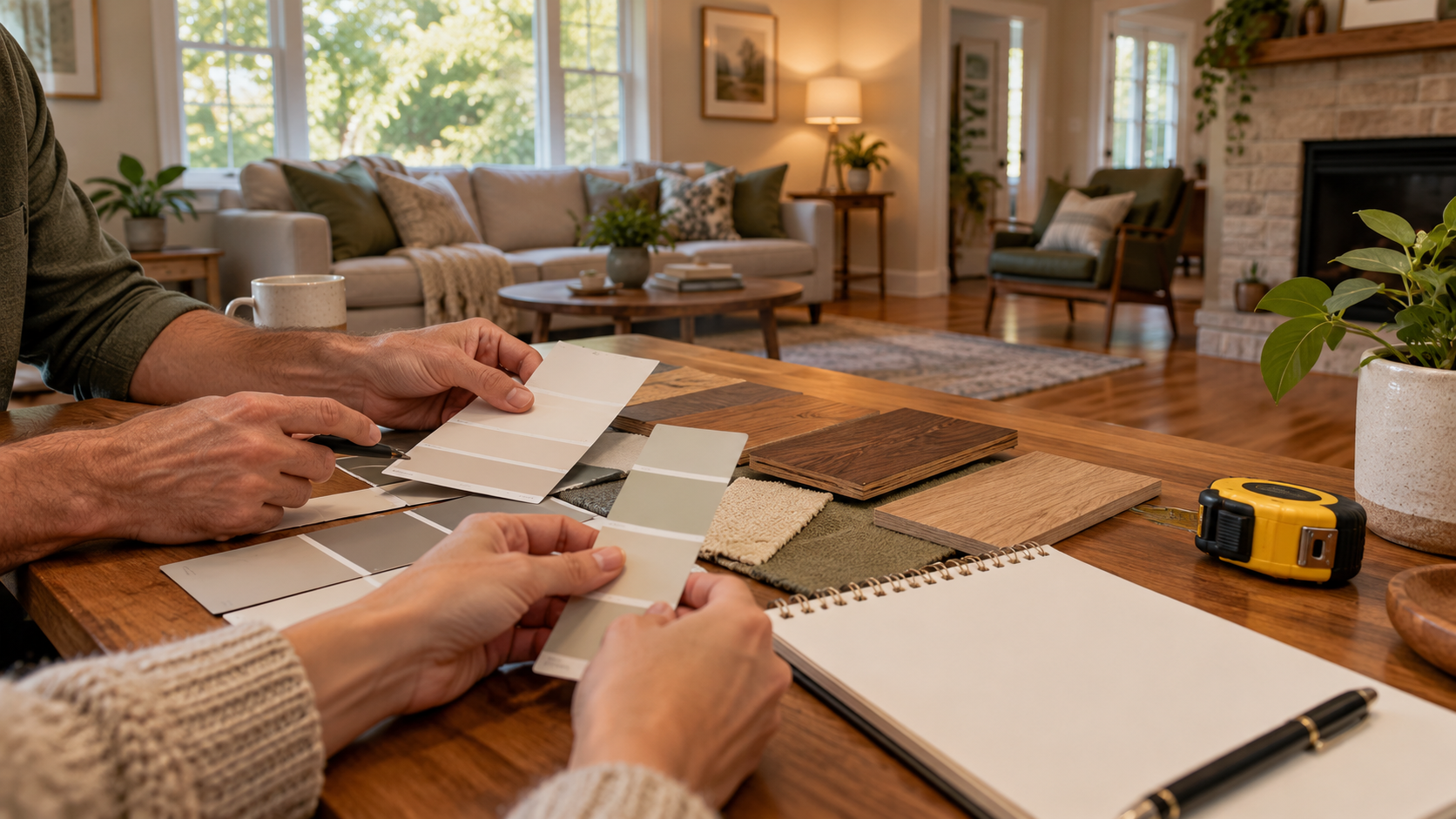 Homeowners comparing neutral paint swatches and wood finishes at a dining table, illustrating ranch home improvement planning.