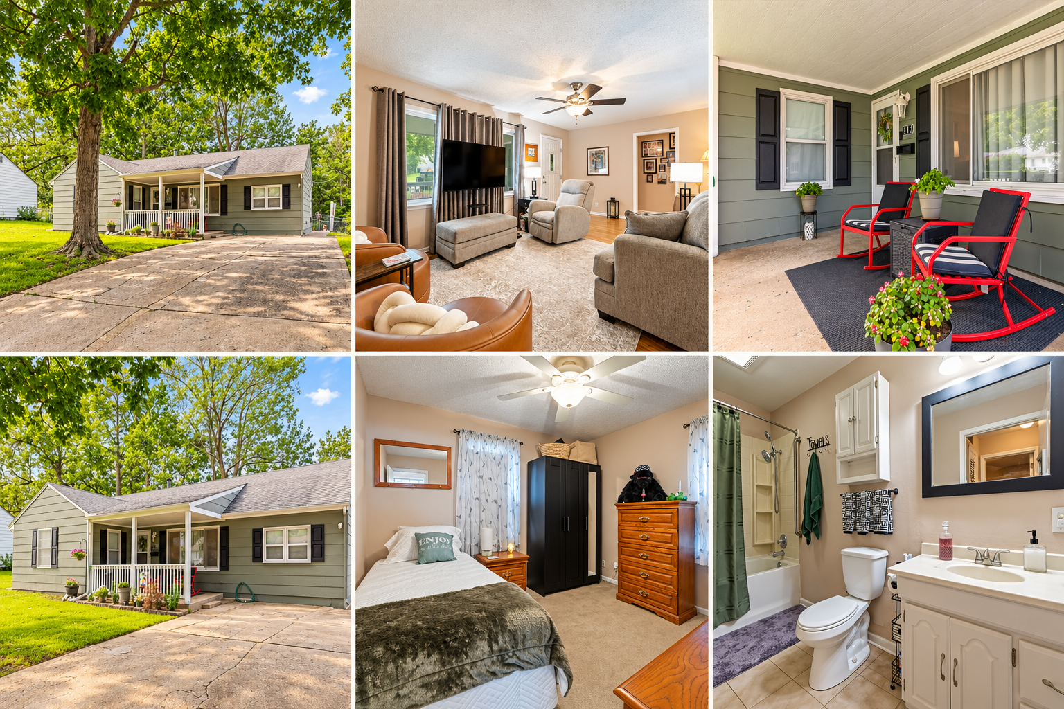 Photo collage of 503 NE 67th Terrace in Gladstone, MO, showing the ranch exterior, covered porch, living room, bedroom, and bathroom.