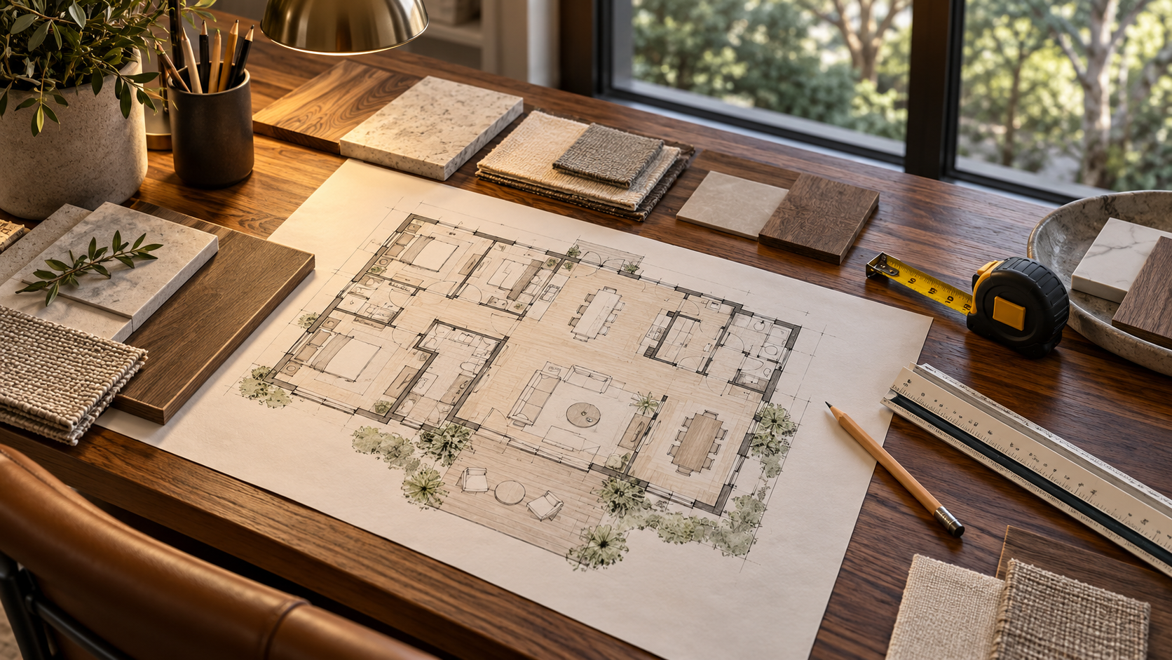  Conceptual home floor plan with a patio, architectural ruler, tape measure, and neutral material samples on a wooden designer’s desk.