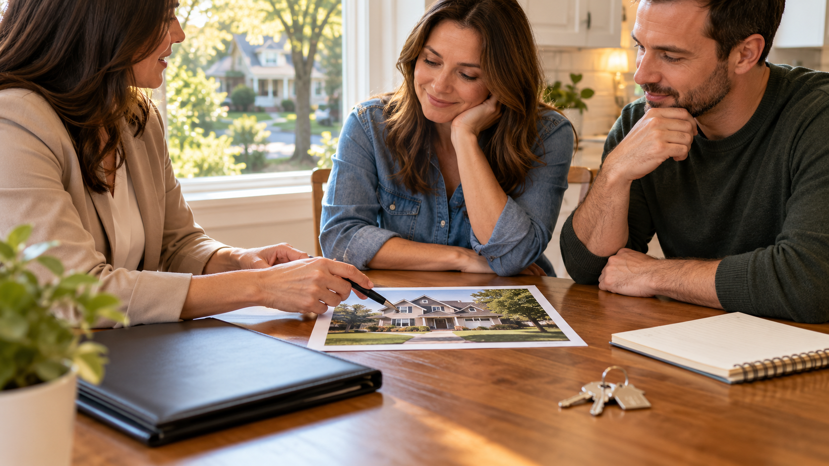 Real estate advisor reviewing a house photograph with prospective buyers at a sunlit kitchen table during a home-search consultation.