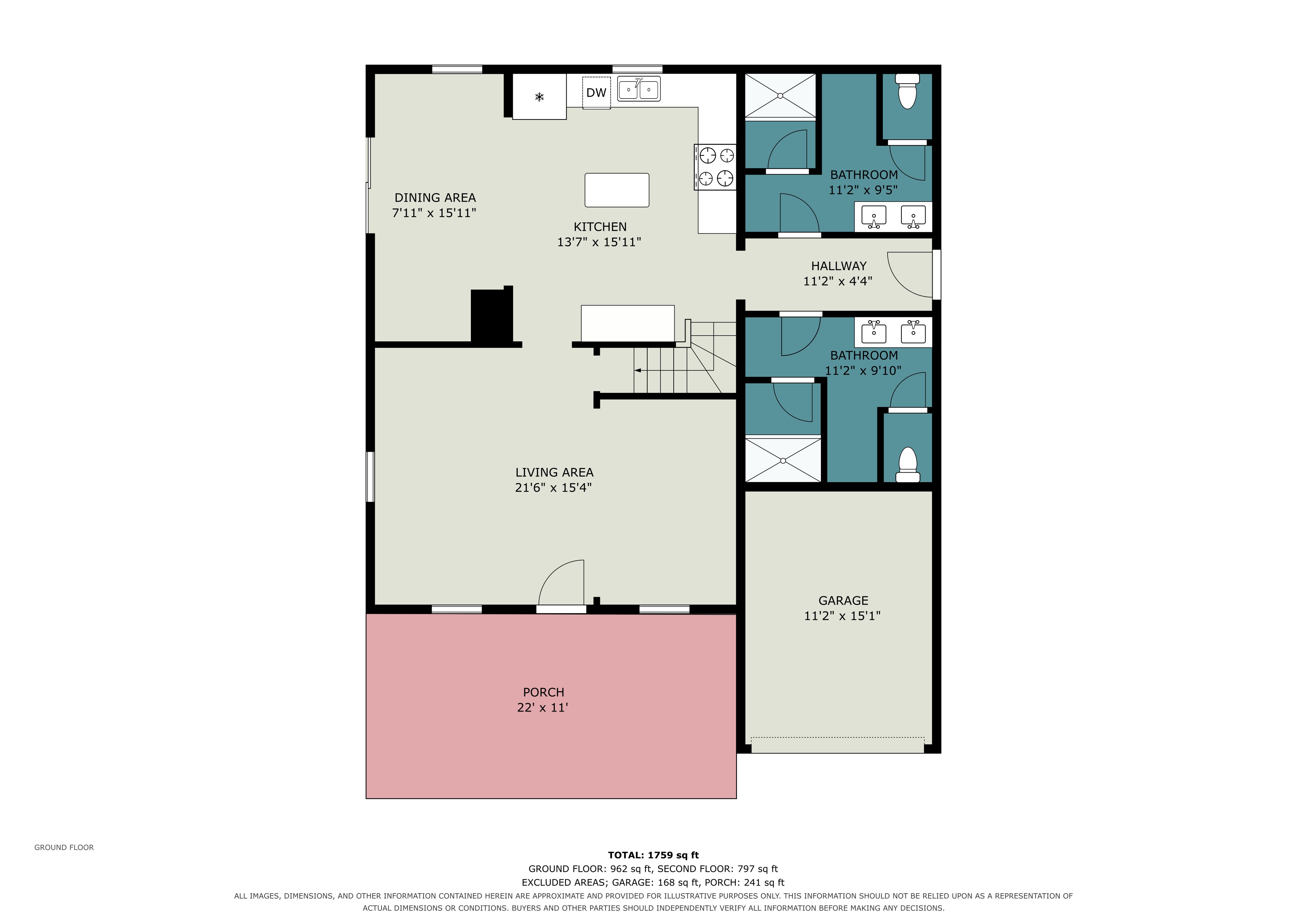 Ground floor plan: living area, kitchen, dining area, two bathrooms, hallway, garage and porch — 962 sq ft