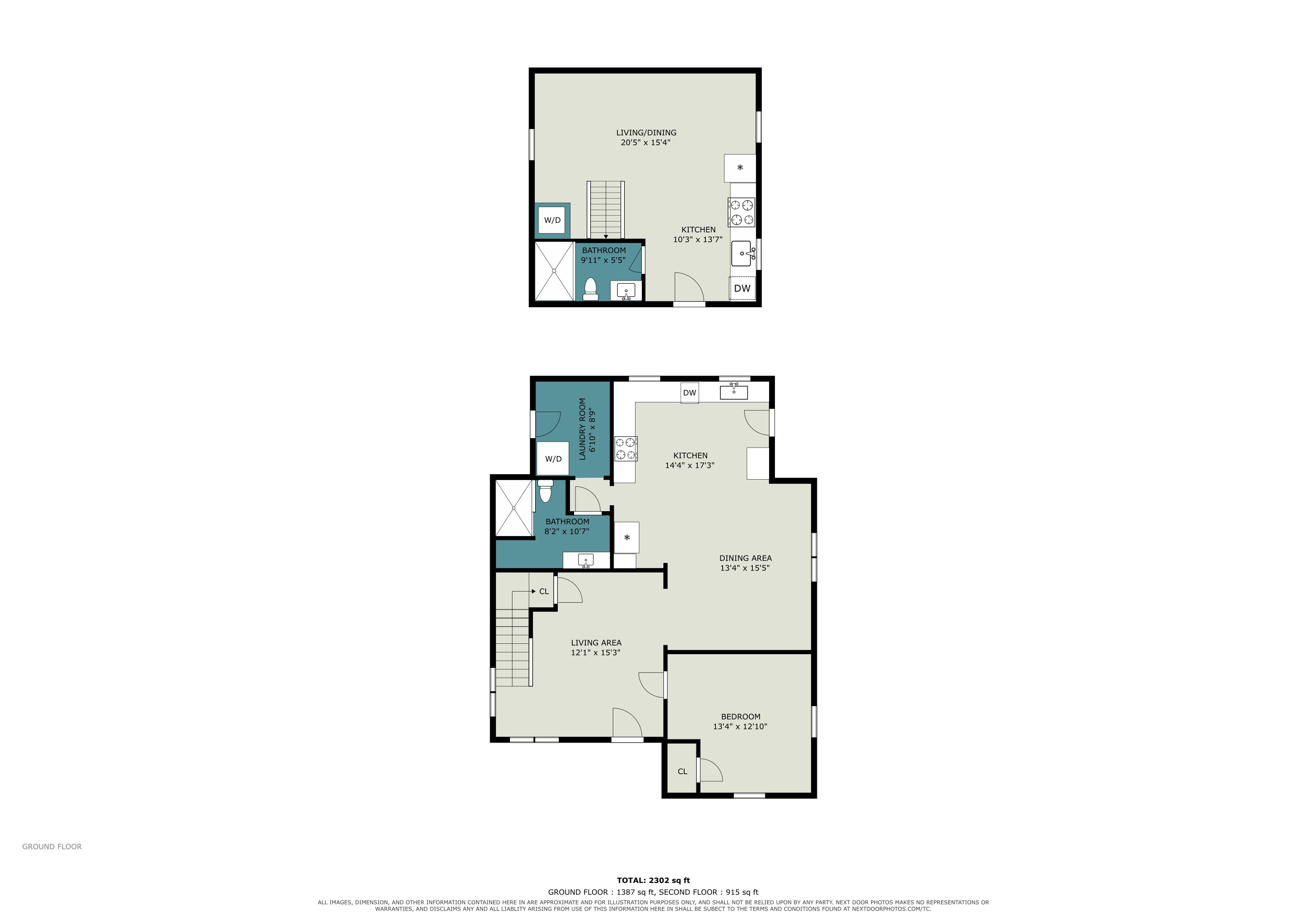 Ground floor plan: main house living area, kitchen, dining, bedroom, bath and laundry, plus guest house living/dining, kitchen and bath — 1,387 sq ft