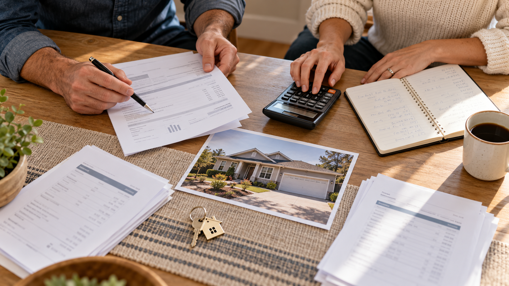 Homeowners reviewing mortgage documents and calculating selling expenses at a kitchen table with a property photo and house keys.