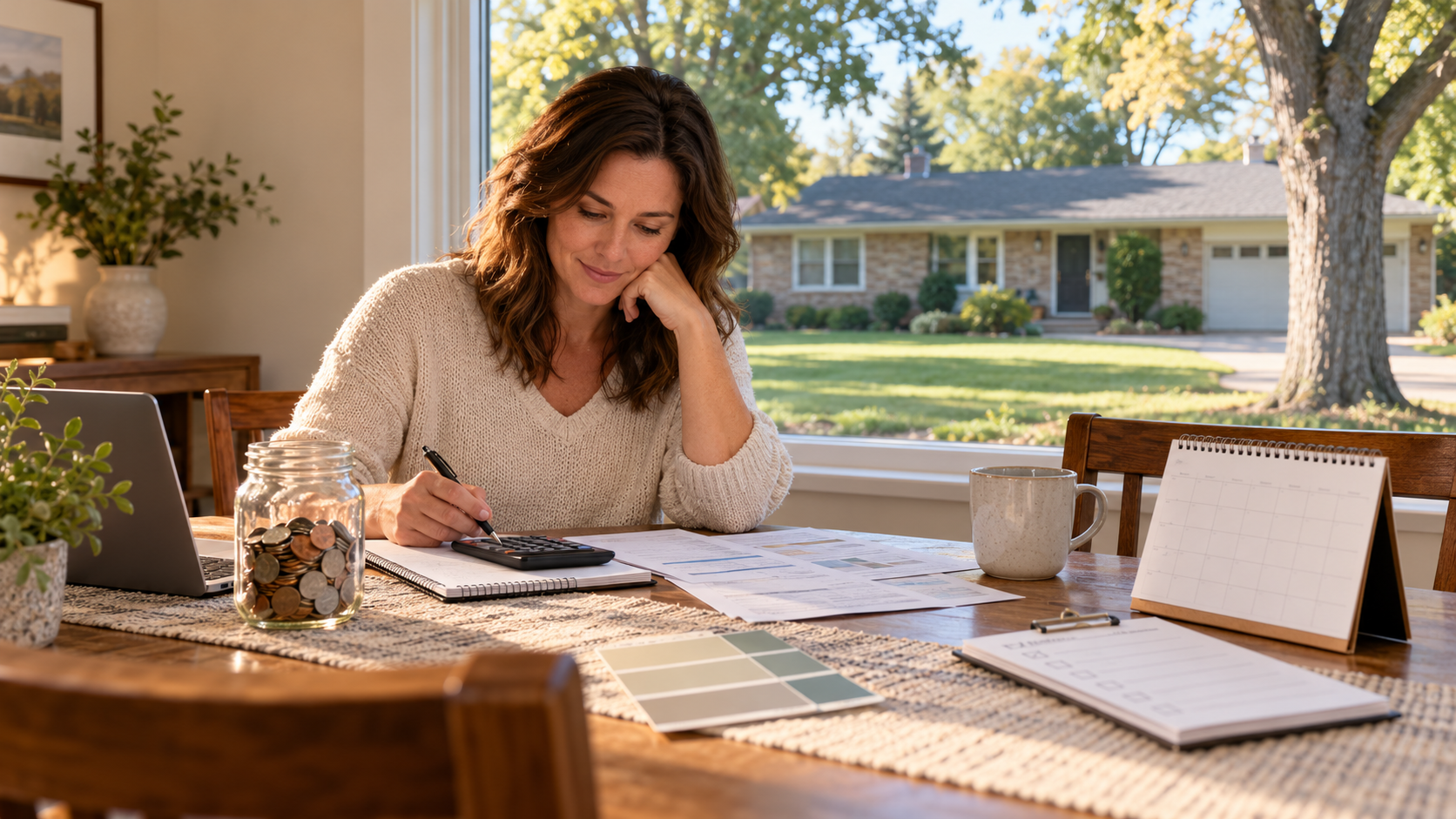 Homeowner reviewing a household budget beside a savings jar and maintenance checklist, with a Midwestern ranch home visible outside.