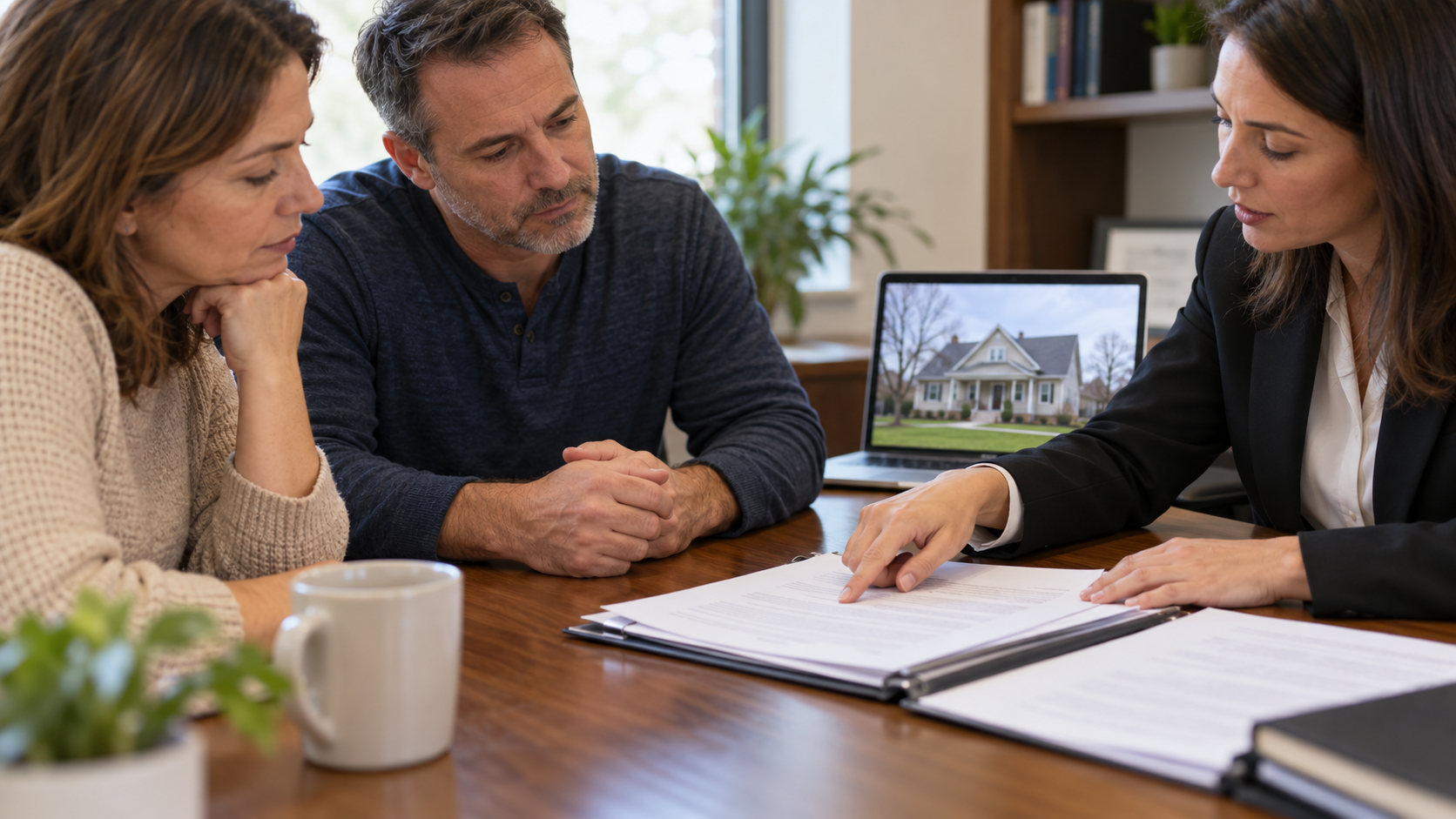 Homeowner and advisors reviewing short-sale documents in a professional office, with a Midwestern home photo nearby.
