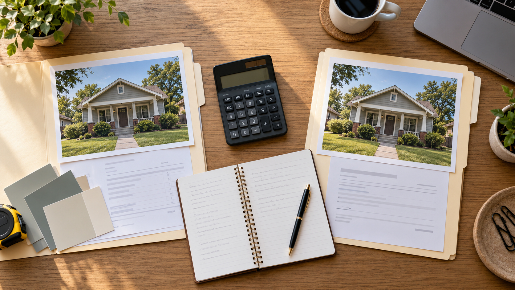Two home-sale options compared using matching house photos, repair estimates, purchase documents, and a calculator on an oak desk.