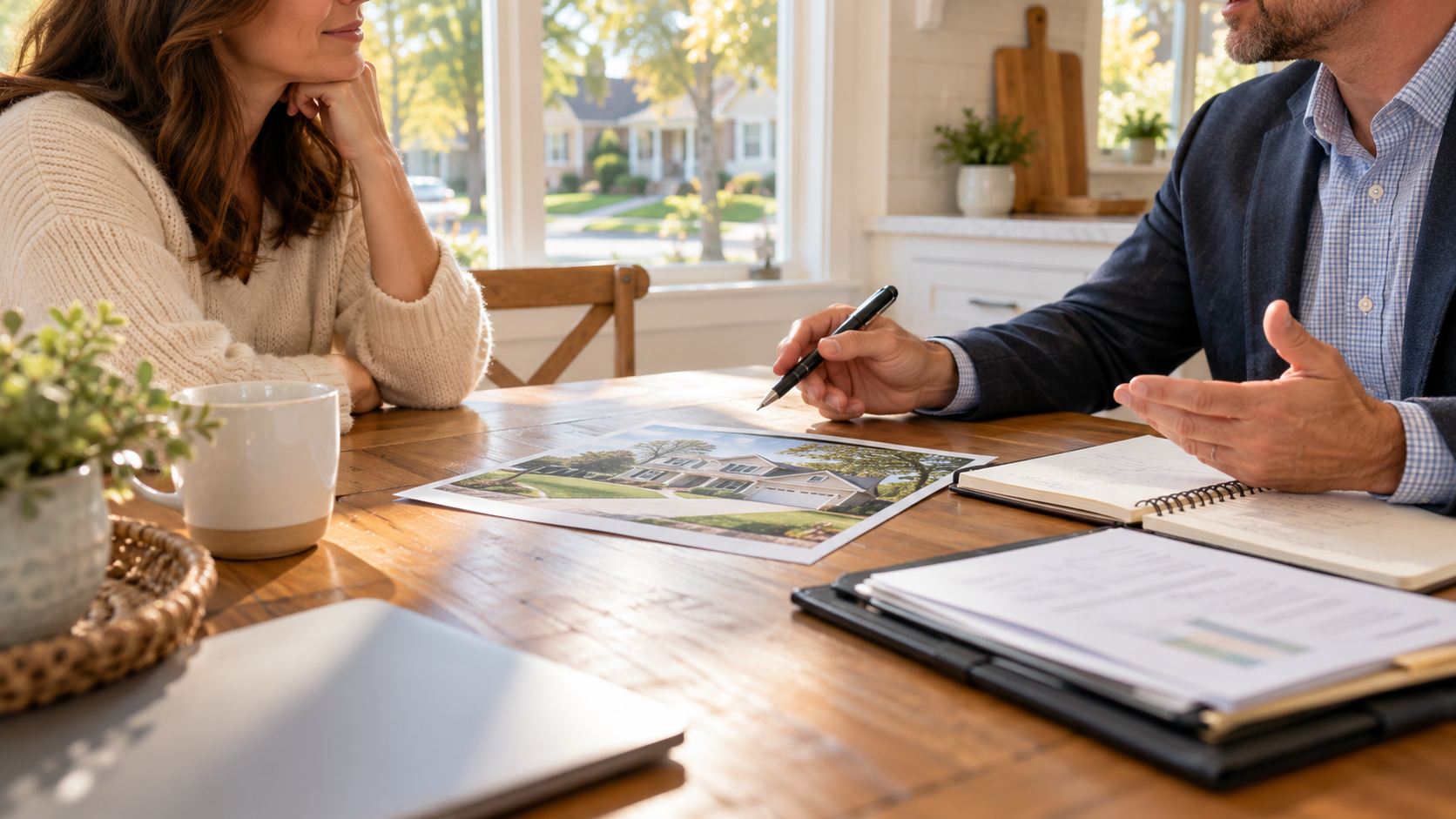 Homeowner and real estate advisor discussing home-sale options over a property photo, mortgage documents, and planning notebook.