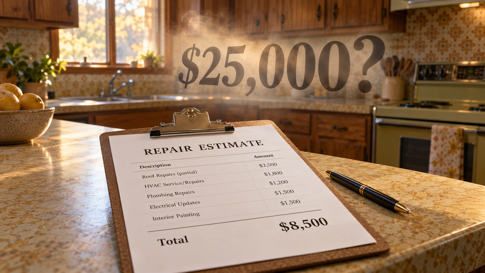 Repair estimate of $8,500 on a dated Kansas City kitchen counter, with a floating $25,000 question mark illustrating inflated buyer fears about repair costs. Repair estimate of $8,500 on a dated Kansas City kitchen counter, with a floating $25,000 question mark illustrating inflated buyer fears about repair costs.
