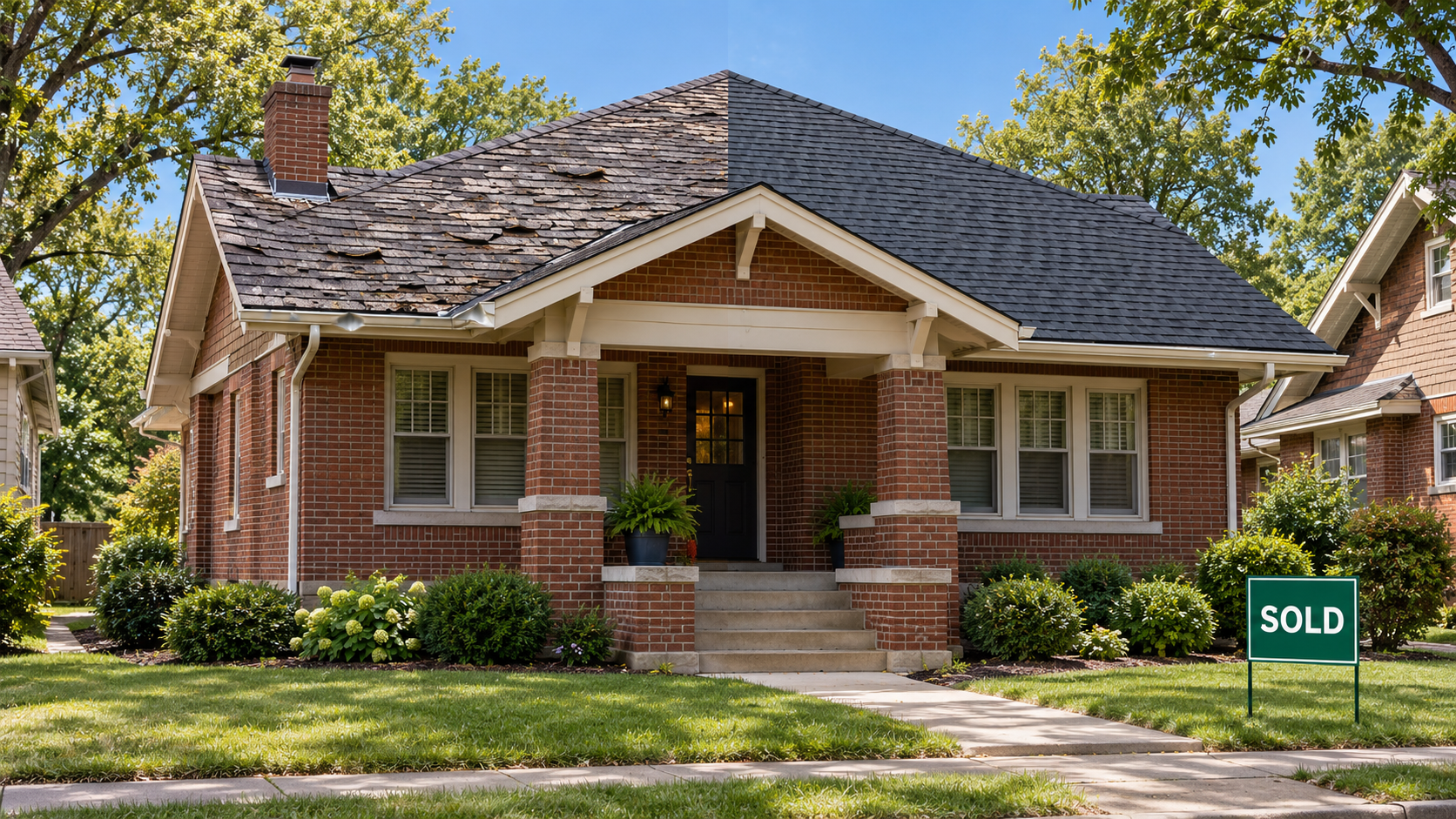 Kansas City brick bungalow with worn shingles and hail-dented gutters on the left, a new roof on the right, and a green SOLD yard sign. Kansas City brick bungalow with worn shingles and hail-dented gutters on the left, a new roof on the right, and a green SOLD yard sign.
