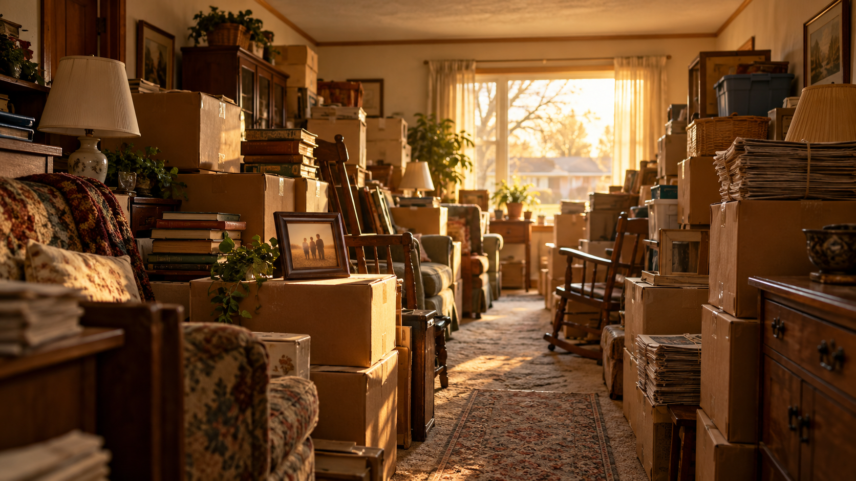 Kansas City ranch living room packed with boxes, newspapers and furniture, with a narrow path to a sunlit window and a framed family photo on a box. Kansas City ranch living room packed with boxes, newspapers and furniture, with a narrow path to a sunlit window and a framed family photo on a box.