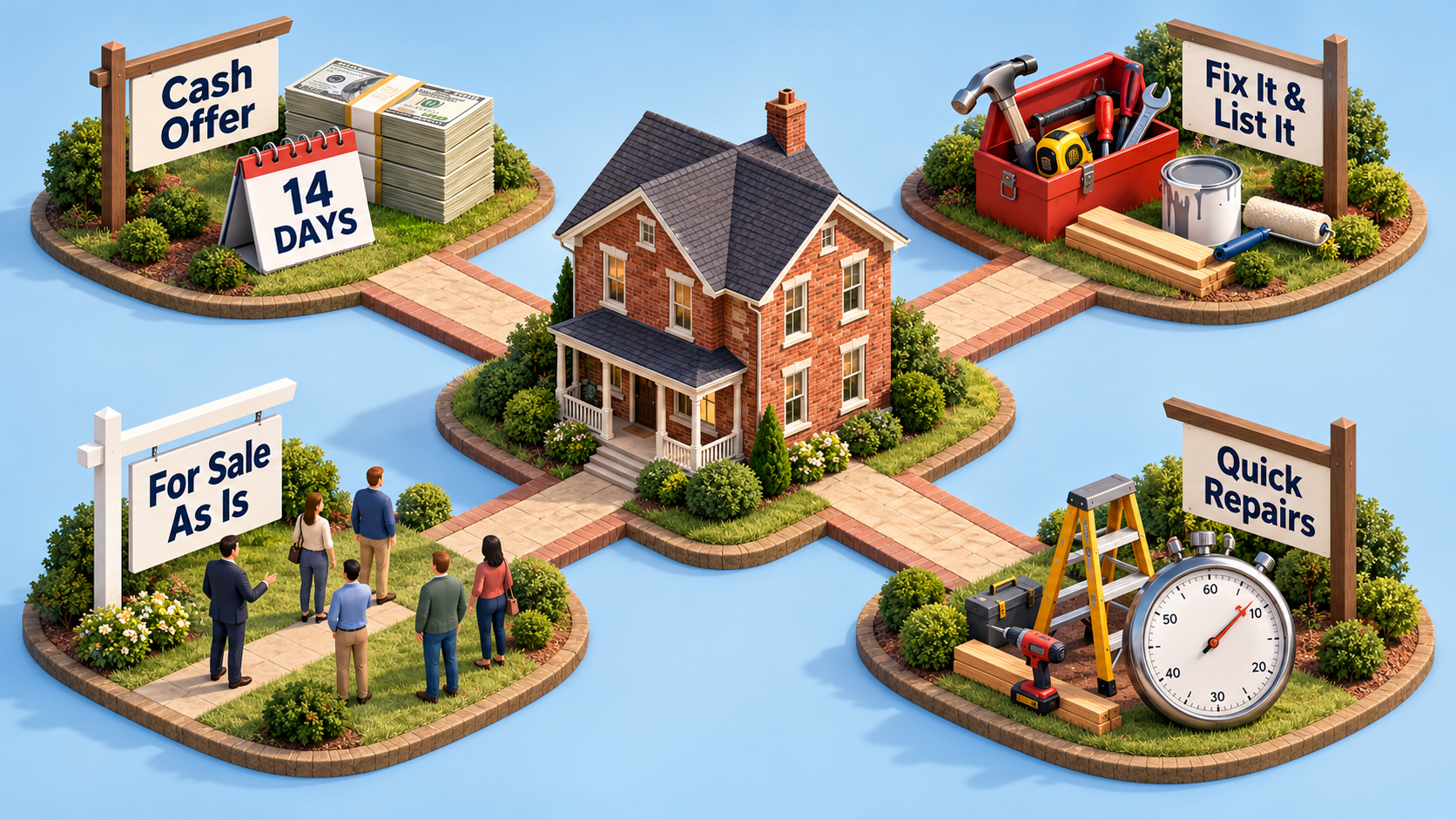 Older Kansas City house with four paths representing a 14-day cash offer, Fix It & List It, an as-is sale to buyers, and quick repairs. Older Kansas City house with four paths representing a 14-day cash offer, Fix It & List It, an as-is sale to buyers, and quick repairs.
