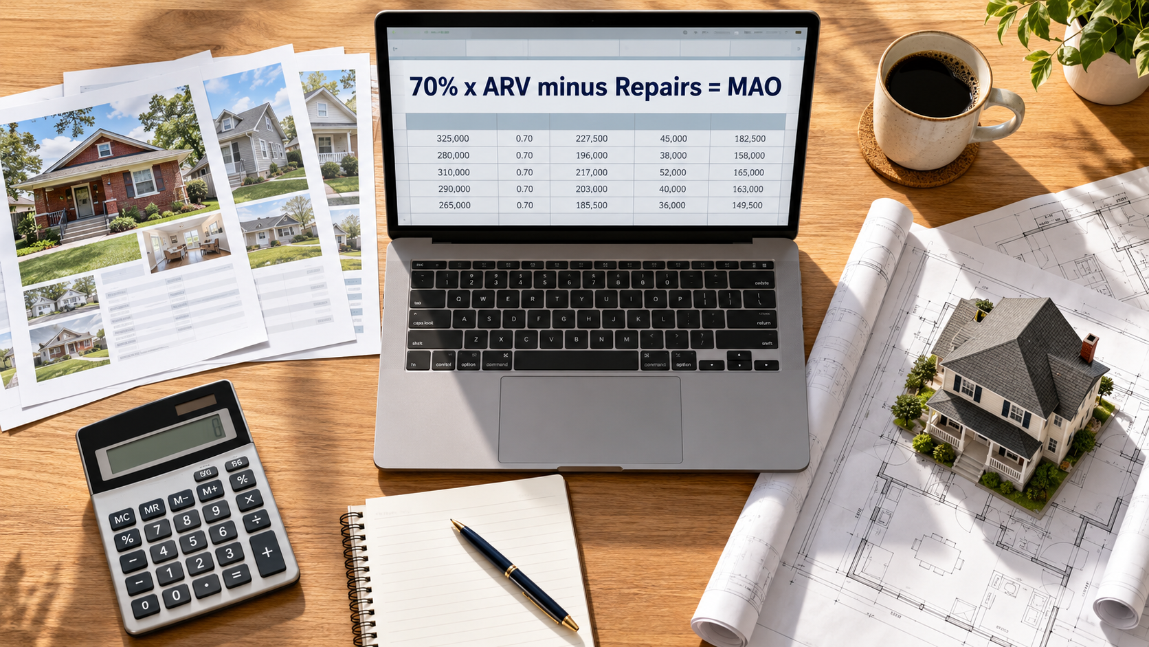 Kansas City real estate investor’s desk with home comps, floor plans and a laptop displaying the offer formula: 70% x ARV minus Repairs = MAO. Kansas City real estate investor’s desk with home comps, floor plans and a laptop displaying the offer formula: 70% x ARV minus Repairs = MAO.