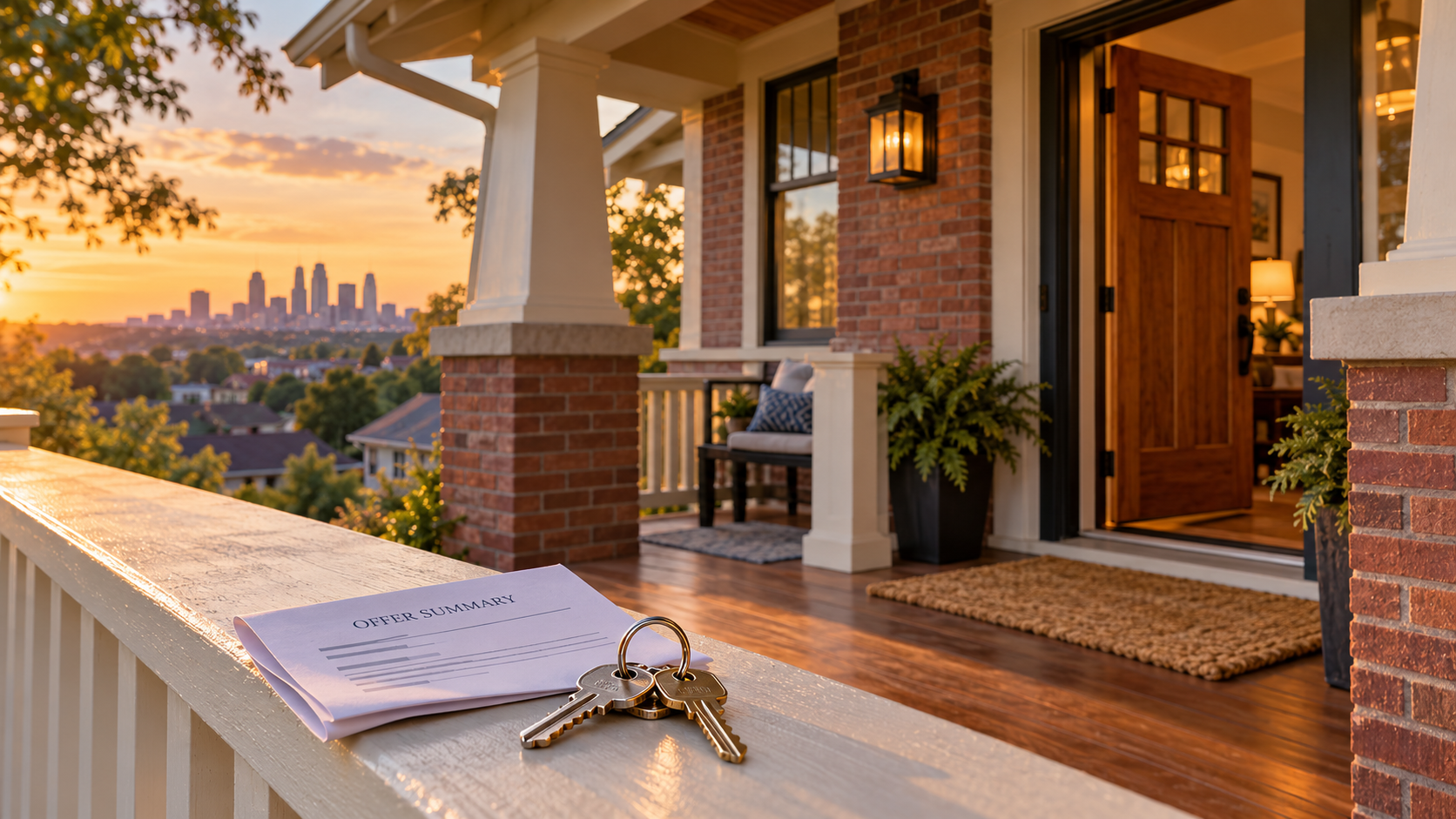 Keys and an offer summary on a repaired Craftsman home’s porch railing at sunset, with an open front door and the Kansas City skyline in the distance. Keys and an offer summary on a repaired Craftsman home’s porch railing at sunset, with an open front door and the Kansas City skyline in the distance.