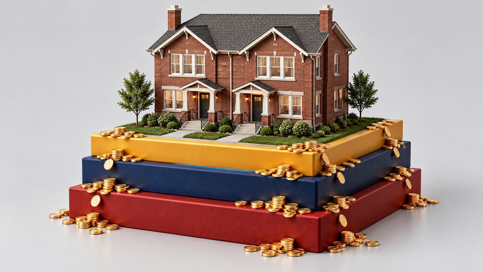 Kansas City rental duplex atop three colored layers with gold coins, representing depreciation recapture, capital gains and investment income tax.
