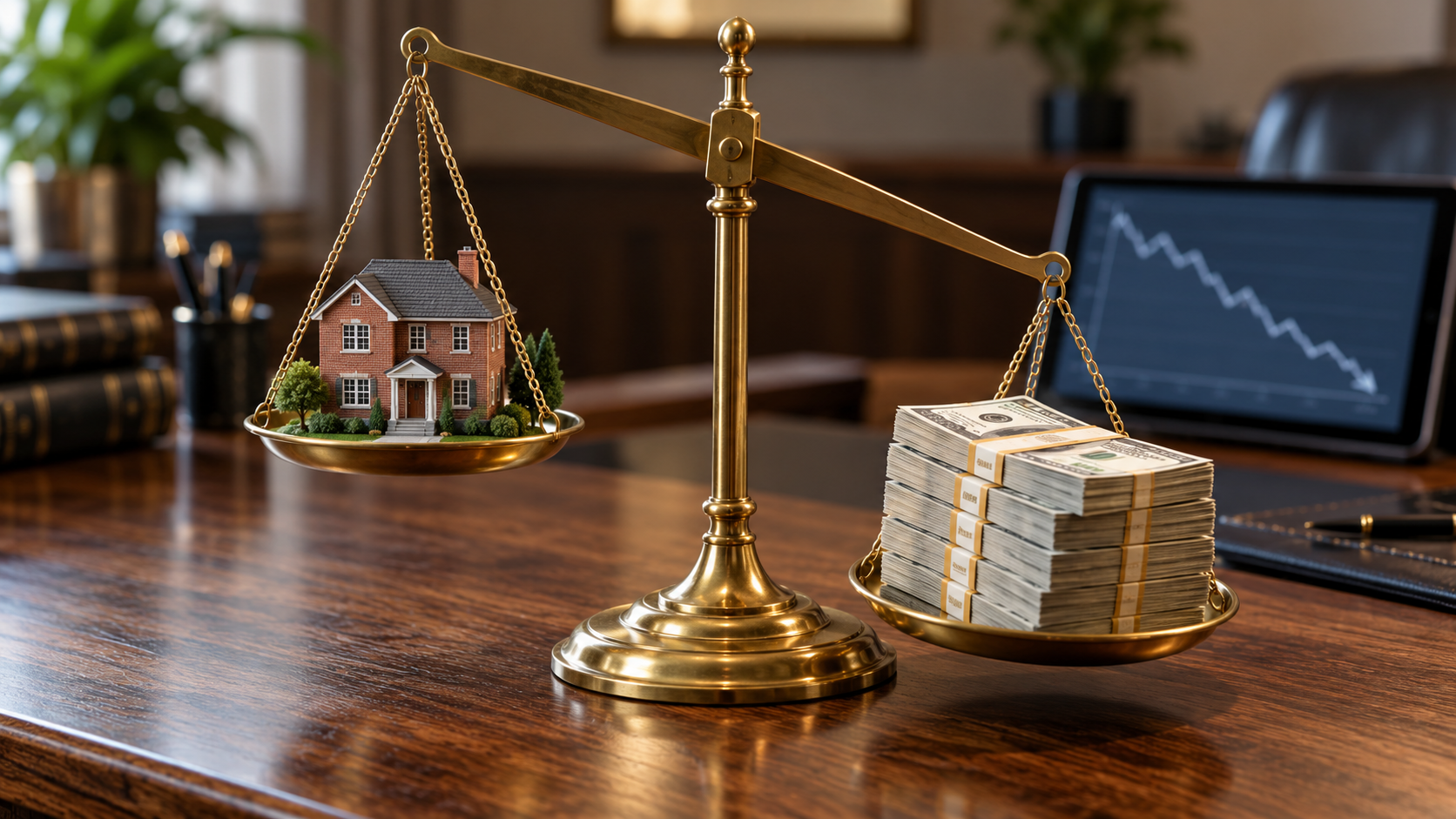 Brass balance scale with cash outweighing a miniature rental house, with a tablet displaying a declining line graph in the background.