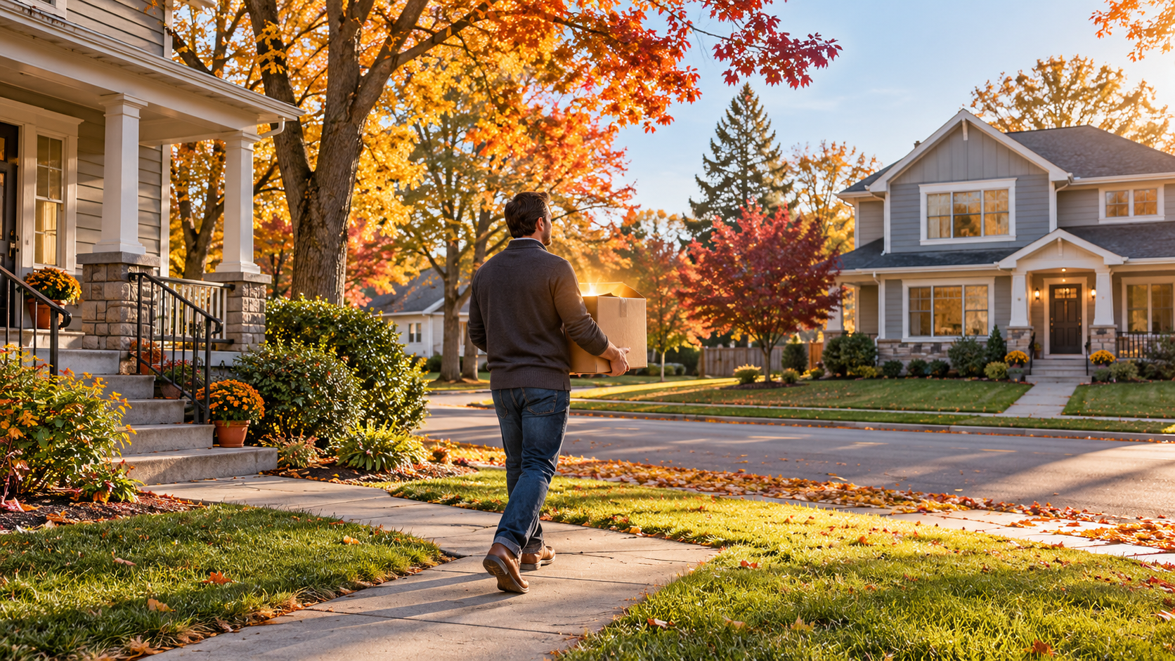 Investor carrying a glowing box between rental homes on an autumn street, symbolizing tax deferral in a 1031 exchange.