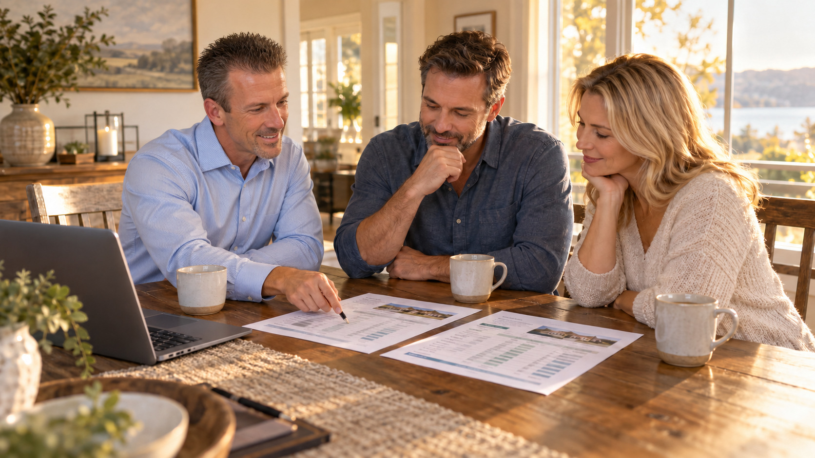 Real estate advisor reviewing side-by-side rental property sale options and estimated net proceeds with a couple at a dining table.