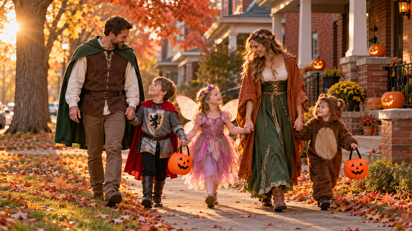 Family of five in homemade Halloween costumes walking along a Kansas City sidewalk lined with glowing jack-o’-lanterns and colorful fall leaves. Family of five in homemade Halloween costumes walking along a Kansas City sidewalk lined with glowing jack-o’-lanterns and colorful fall leaves.