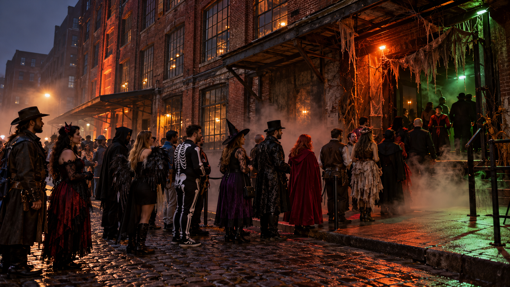 Costumed adults waiting outside a haunted attraction in Kansas City’s West Bottoms, with fog and orange and green lights illuminating brick warehouses. Costumed adults waiting outside a haunted attraction in Kansas City’s West Bottoms, with fog and orange and green lights illuminating brick warehouses.