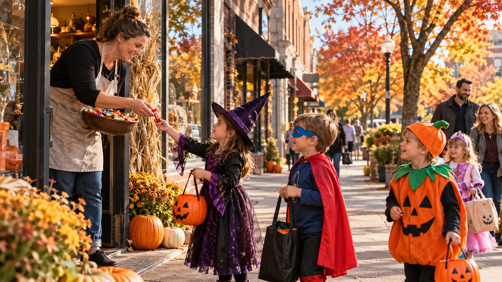 Children dressed as a witch, superhero, and pumpkin collecting Halloween candy from a shop owner on a Kansas City street lined with colorful autumn trees. Children dressed as a witch, superhero, and pumpkin collecting Halloween candy from a shop owner on a Kansas City street lined with colorful autumn trees.