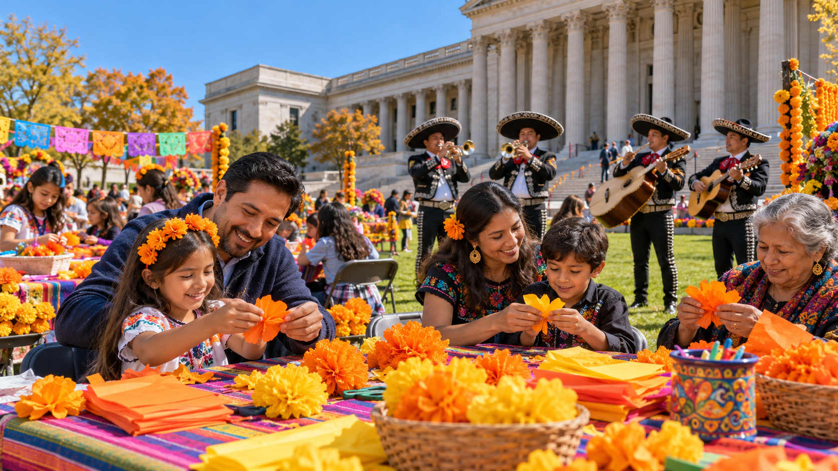 Families crafting paper marigolds at an outdoor Día de los Muertos festival, with mariachi musicians and a columned art museum in the background. Families crafting paper marigolds at an outdoor Día de los Muertos festival, with mariachi musicians and a columned art museum in the background.