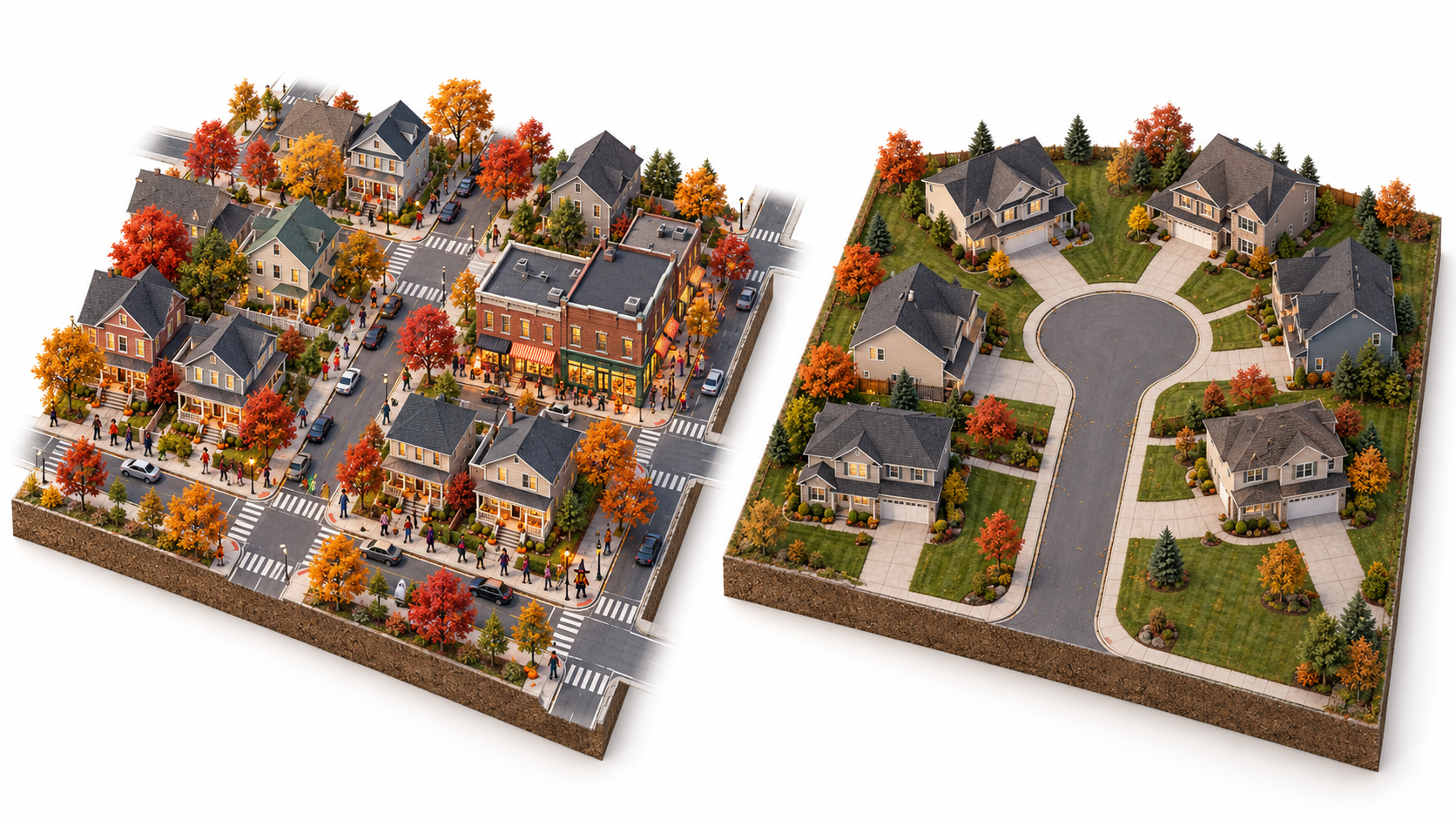 Neighborhood comparison showing a walkable street grid with front porches, shops, and trick-or-treaters beside an empty cul-de-sac with prominent garages. Neighborhood comparison showing a walkable street grid with front porches, shops, and trick-or-treaters beside an empty cul-de-sac with prominent garages.