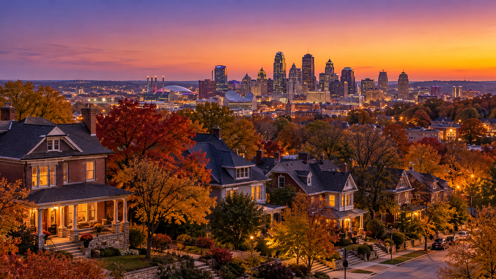 Kansas City skyline at twilight above a hilltop neighborhood with autumn trees, historic homes, and glowing porch lights. Kansas City skyline at twilight above a hilltop neighborhood with autumn trees, historic homes, and glowing porch lights.
