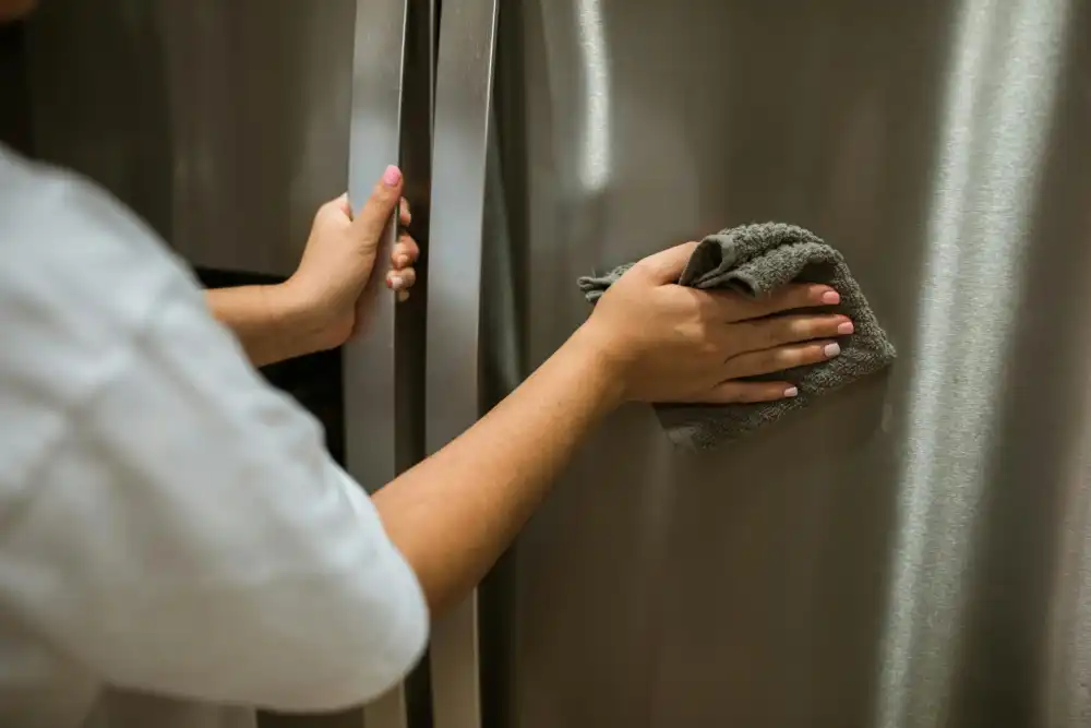 alt="A Crisp Clean Home professional polishing a stainless steel refrigerator to a perfect, streak-free shine for a home sale in Maryland."