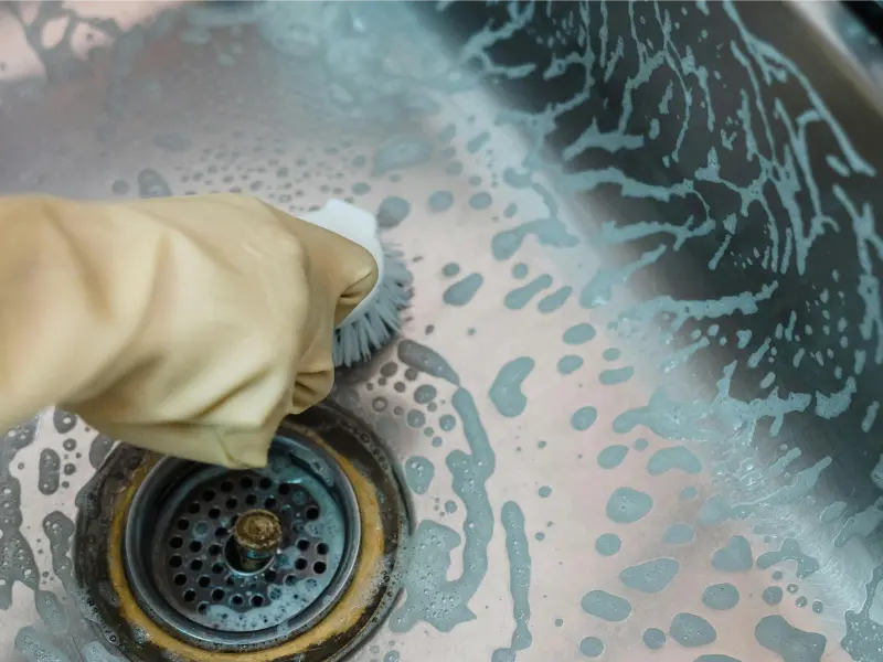 alt="A Crisp Clean Home professional deep cleaning a stainless steel kitchen sink in Maryland."