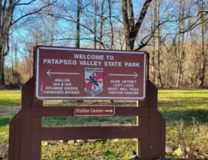 alt="The swinging bridge over the Patapsco River in the Avalon Area of Patapsco Valley State Park near Hanover, MD."
