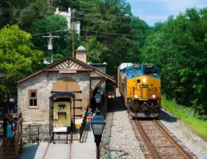 alt="The historic B&O Railroad Station Museum, the oldest surviving railroad station in America, located in Ellicott City, MD."