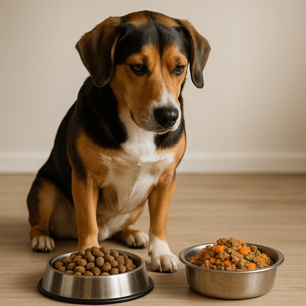 beagle dog looking at a bow of kibble and a bowl of freshly cooked food