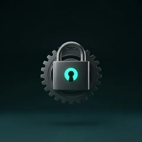 Padlock inside a gear, representing a clinic locked into dependency on its marketing agency
