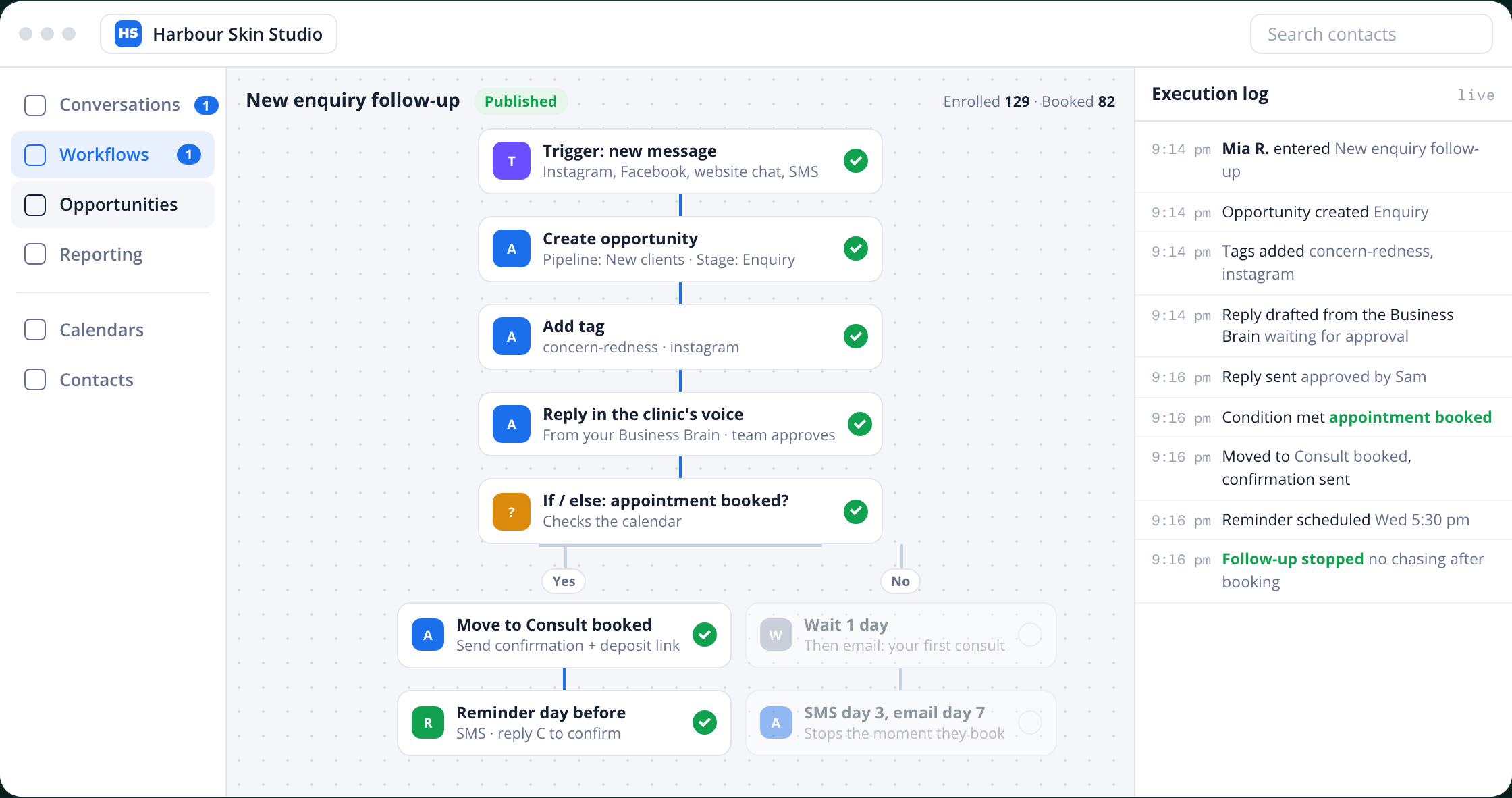 The clinic system showing a new enquiry moving through the follow-up, with a live log of every step