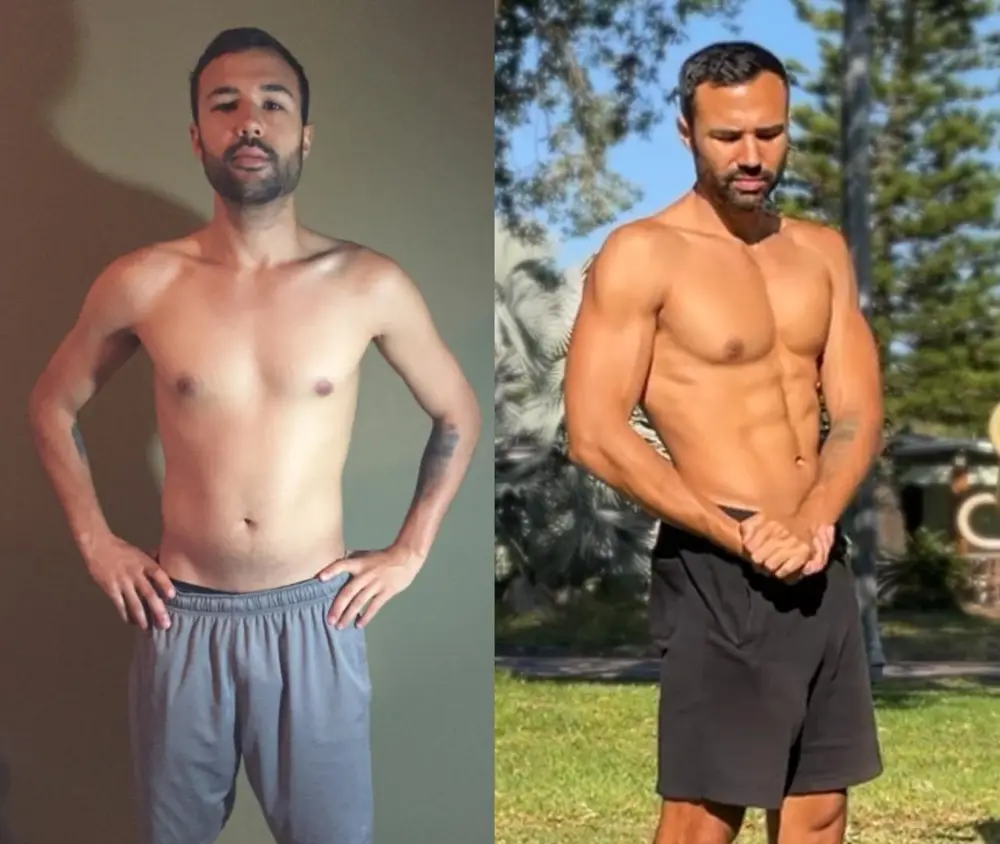 Bryan's before and after: softer physique on the left, lean and muscular on the right