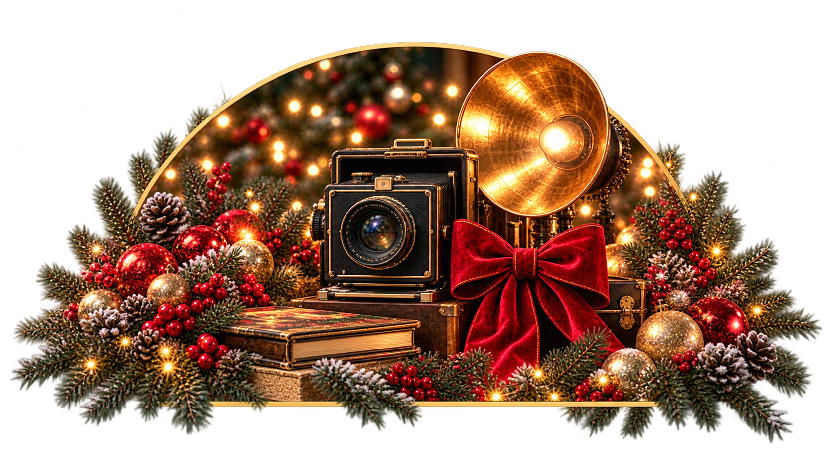 Professional photography camera surrounded by Christmas decorations.