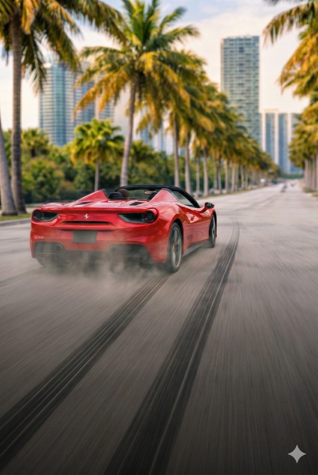 Ferrari speeding down a palm-lined Miami street