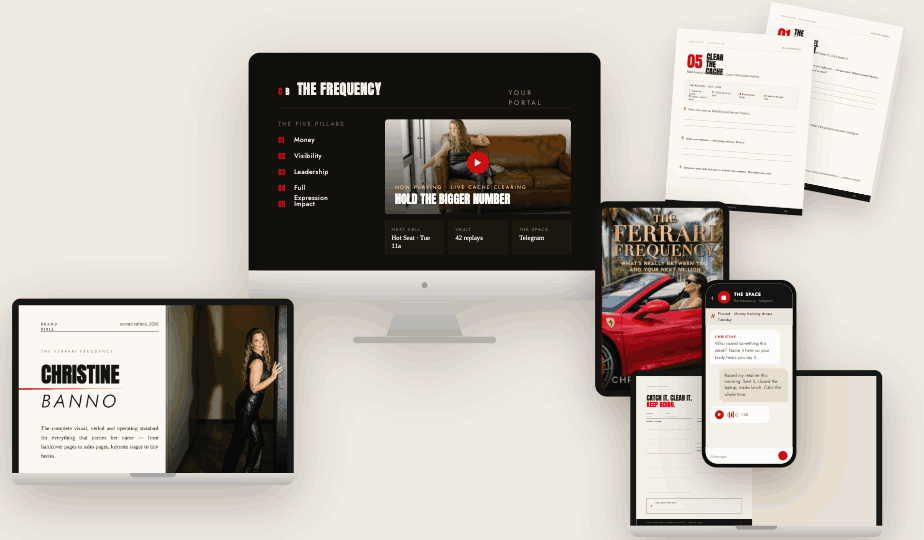 The Million Dollar Frequency across every device: course portal, live calls, the Replay Vault, the private Telegram room, your workbook and book